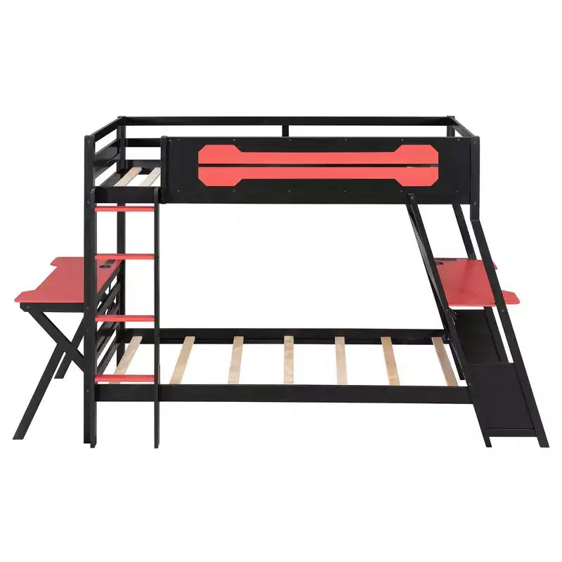 Twin/Full Size Gaming Bunk Bed with Dual Built-In Desks, USB Ports & Pegboard Organizer, E-Sports Inspired Bed Frame for Gamers - ModernLuxe
