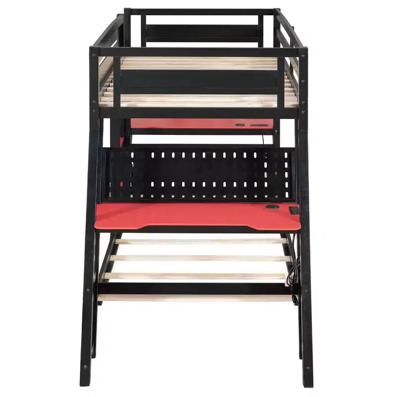 Twin/Full Size Gaming Bunk Bed with Dual Built-In Desks, USB Ports & Pegboard Organizer, E-Sports Inspired Bed Frame for Gamers - ModernLuxe
