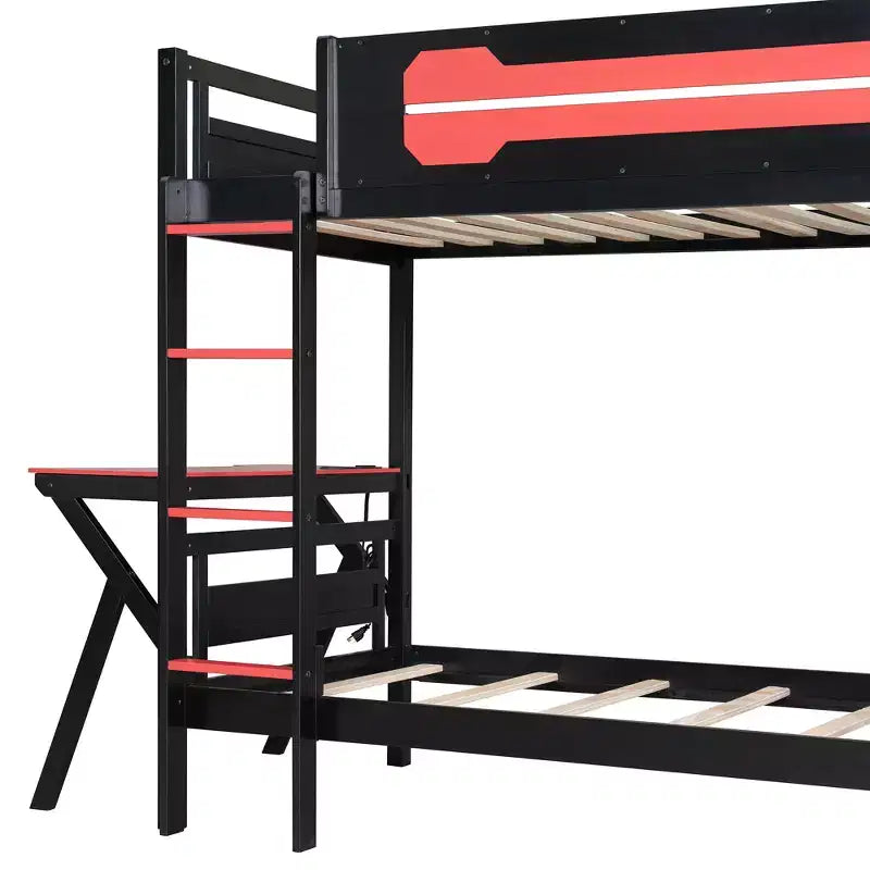 Twin/Full Size Gaming Bunk Bed with Dual Built-In Desks, USB Ports & Pegboard Organizer, E-Sports Inspired Bed Frame for Gamers - ModernLuxe