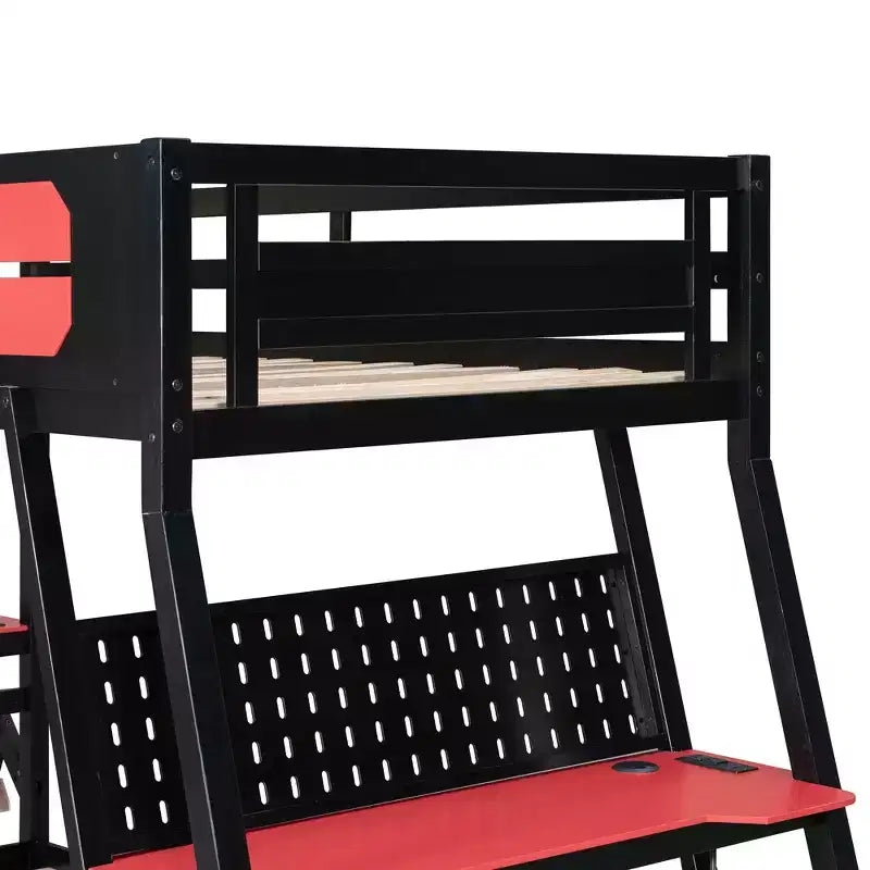 Twin/Full Size Gaming Bunk Bed with Dual Built-In Desks, USB Ports & Pegboard Organizer, E-Sports Inspired Bed Frame for Gamers - ModernLuxe