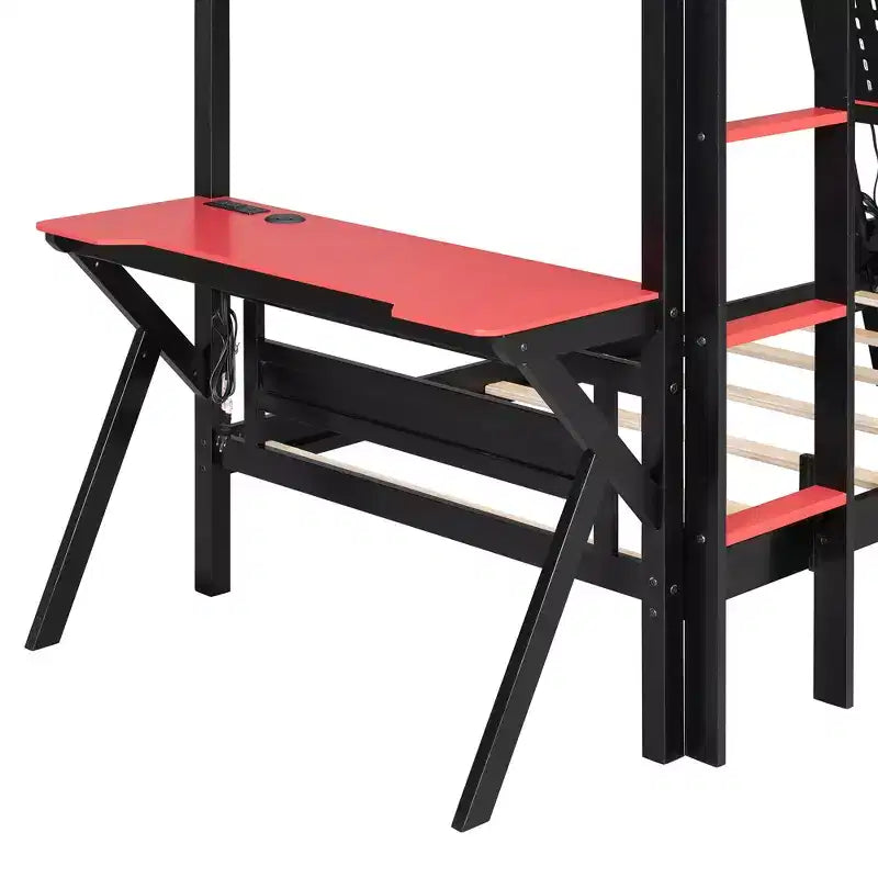 Twin/Full Size Gaming Bunk Bed with Dual Built-In Desks, USB Ports & Pegboard Organizer, E-Sports Inspired Bed Frame for Gamers - ModernLuxe