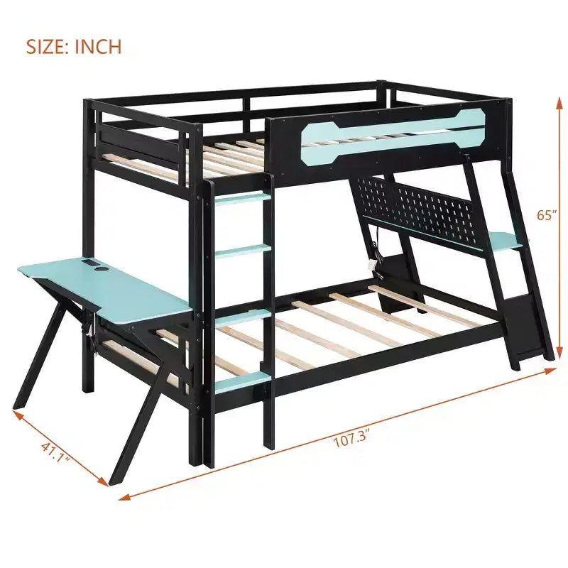 Twin/Full Size Gaming Bunk Bed with Dual Built-In Desks, USB Ports & Pegboard Organizer, E-Sports Inspired Bed Frame for Gamers - ModernLuxe