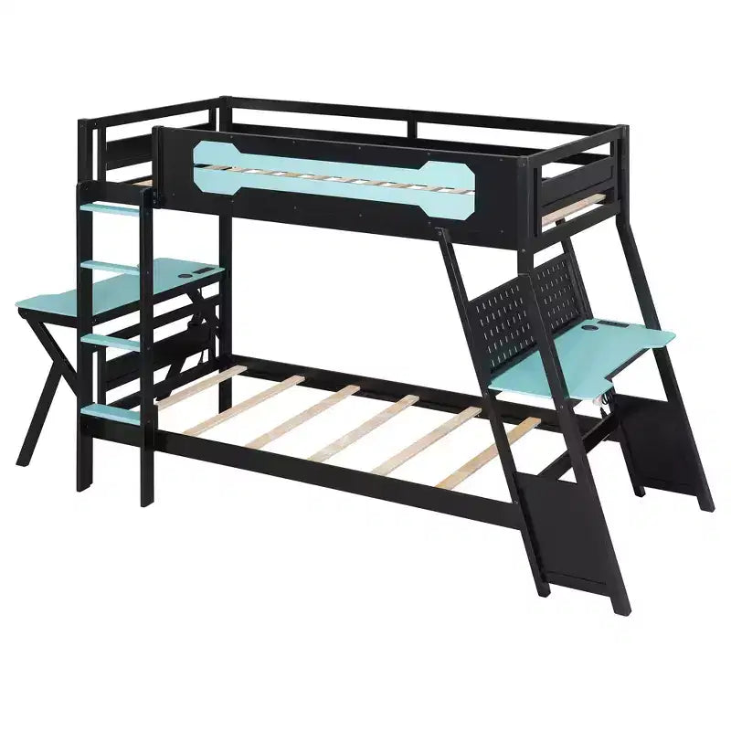 Twin/Full Size Gaming Bunk Bed with Dual Built-In Desks, USB Ports & Pegboard Organizer, E-Sports Inspired Bed Frame for Gamers - ModernLuxe