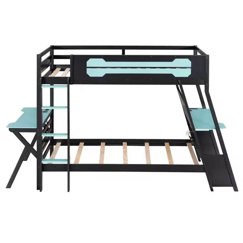 Twin/Full Size Gaming Bunk Bed with Dual Built-In Desks, USB Ports & Pegboard Organizer, E-Sports Inspired Bed Frame for Gamers - ModernLuxe
