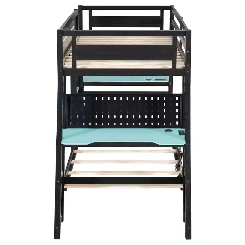 Twin/Full Size Gaming Bunk Bed with Dual Built-In Desks, USB Ports & Pegboard Organizer, E-Sports Inspired Bed Frame for Gamers - ModernLuxe