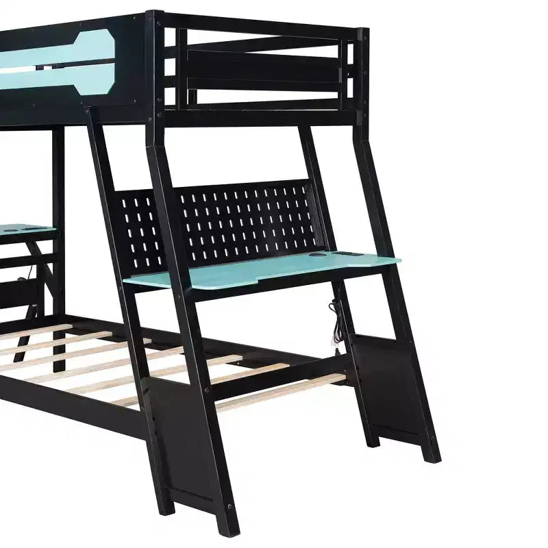 Twin/Full Size Gaming Bunk Bed with Dual Built-In Desks, USB Ports & Pegboard Organizer, E-Sports Inspired Bed Frame for Gamers - ModernLuxe