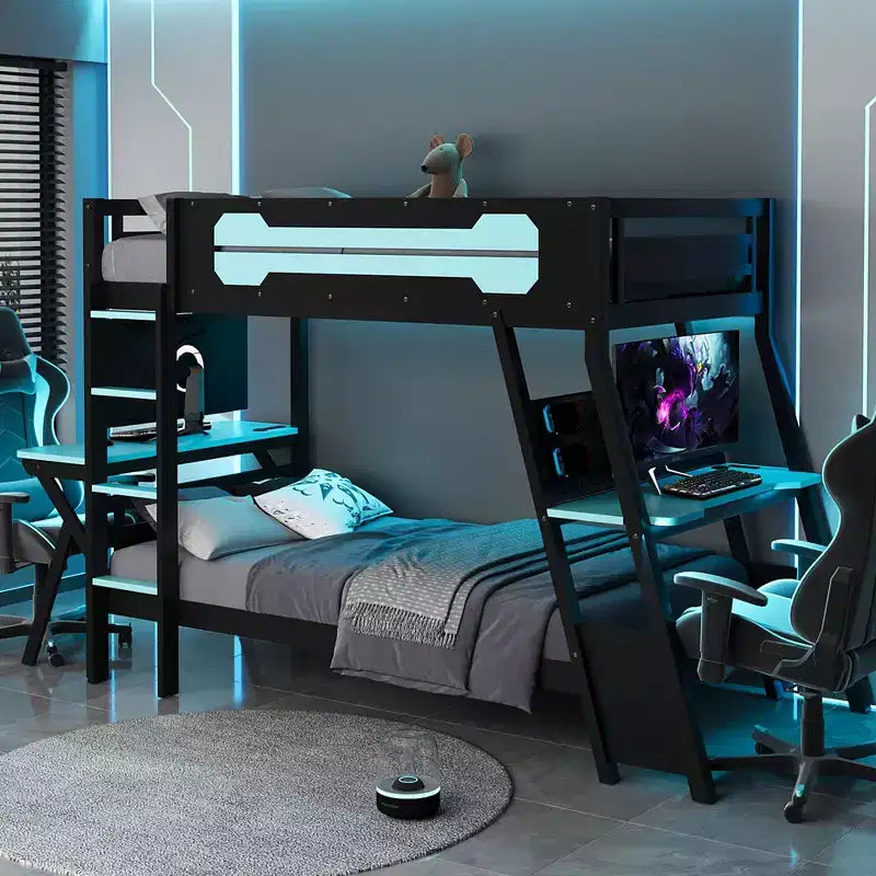Twin/Full Size Gaming Bunk Bed with Dual Built-In Desks, USB Ports & Pegboard Organizer, E-Sports Inspired Bed Frame for Gamers - ModernLuxe