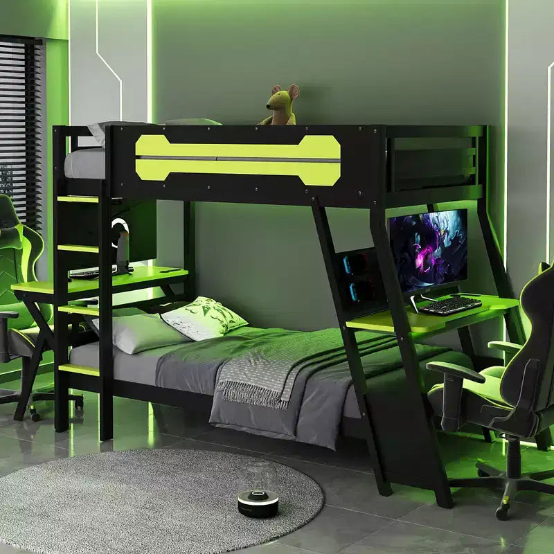 Twin/Full Size Gaming Bunk Bed with Dual Built-In Desks, USB Ports & Pegboard Organizer, E-Sports Inspired Bed Frame for Gamers - ModernLuxe