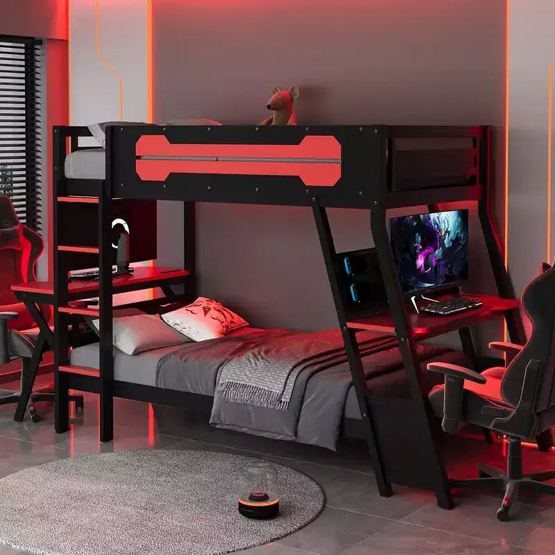 Twin/Full Size Gaming Bunk Bed with Dual Built-In Desks, USB Ports & Pegboard Organizer, E-Sports Inspired Bed Frame for Gamers - ModernLuxe