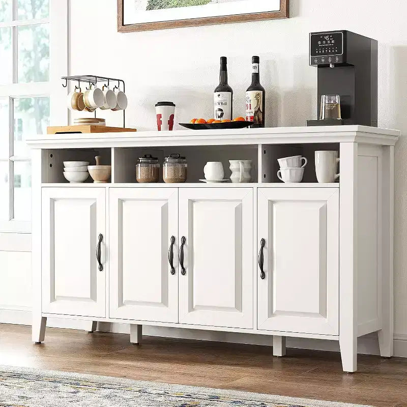 Amada Buffet Cabinet with Storage, 55 In Large Sideboard Storage Cabinet with Adjustable Shelves, 4 Doors, Modern Farmhouse Coffee Bar Cabinet, White