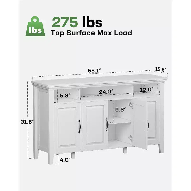 Amada Buffet Cabinet with Storage, 55 In Large Sideboard Storage Cabinet with Adjustable Shelves, 4 Doors, Modern Farmhouse Coffee Bar Cabinet, White