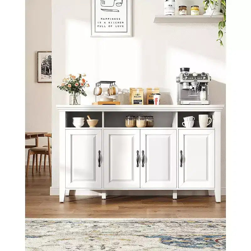 Amada Buffet Cabinet with Storage, 55 In Large Sideboard Storage Cabinet with Adjustable Shelves, 4 Doors, Modern Farmhouse Coffee Bar Cabinet, White
