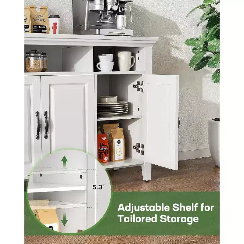 Amada Buffet Cabinet with Storage, 55 In Large Sideboard Storage Cabinet with Adjustable Shelves, 4 Doors, Modern Farmhouse Coffee Bar Cabinet, White
