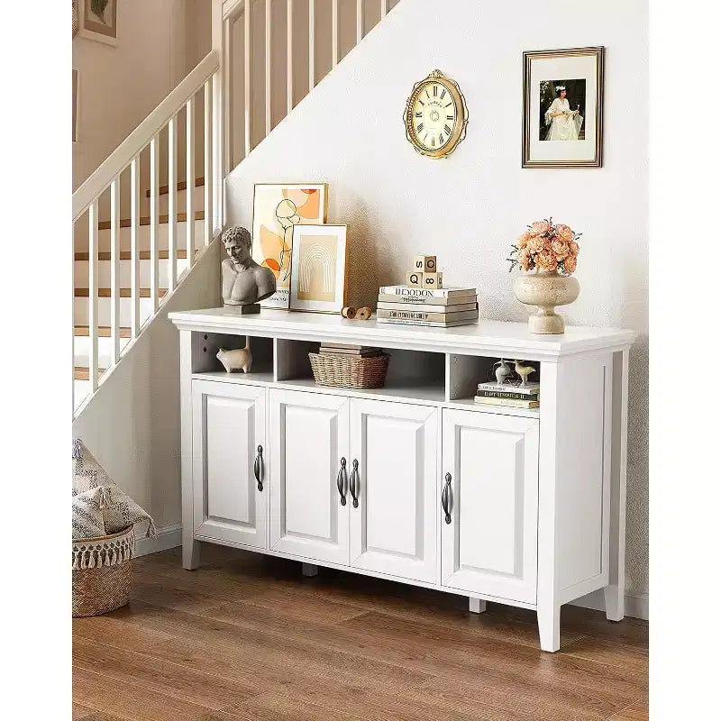 Amada Buffet Cabinet with Storage, 55 In Large Sideboard Storage Cabinet with Adjustable Shelves, 4 Doors, Modern Farmhouse Coffee Bar Cabinet, White