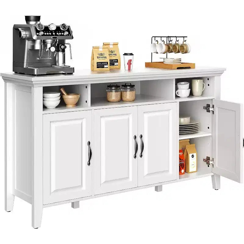Amada Buffet Cabinet with Storage, 55 In Large Sideboard Storage Cabinet with Adjustable Shelves, 4 Doors, Modern Farmhouse Coffee Bar Cabinet, White