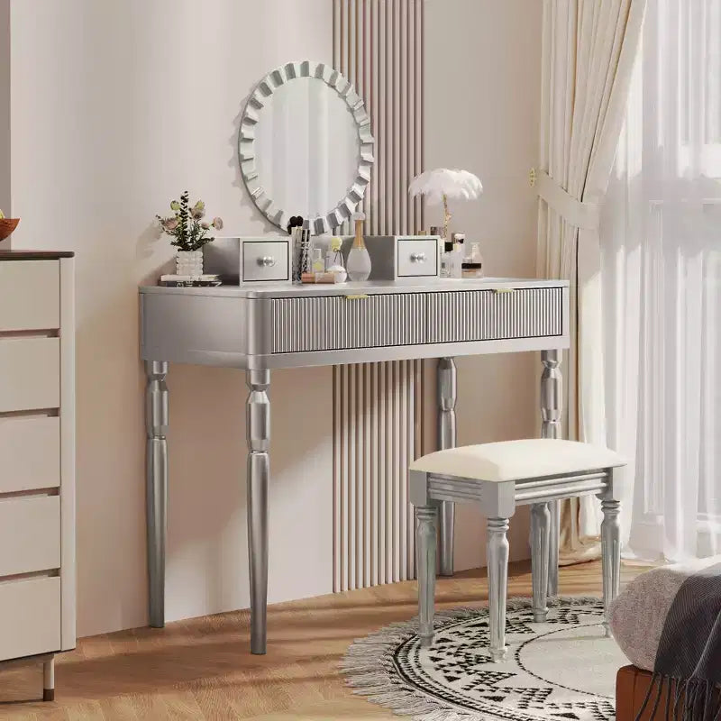 GDFStudio Cara Retro Vanity Desk with Height-Adjustable Round Mirror, Faux Leather Stool and 4 Drawers