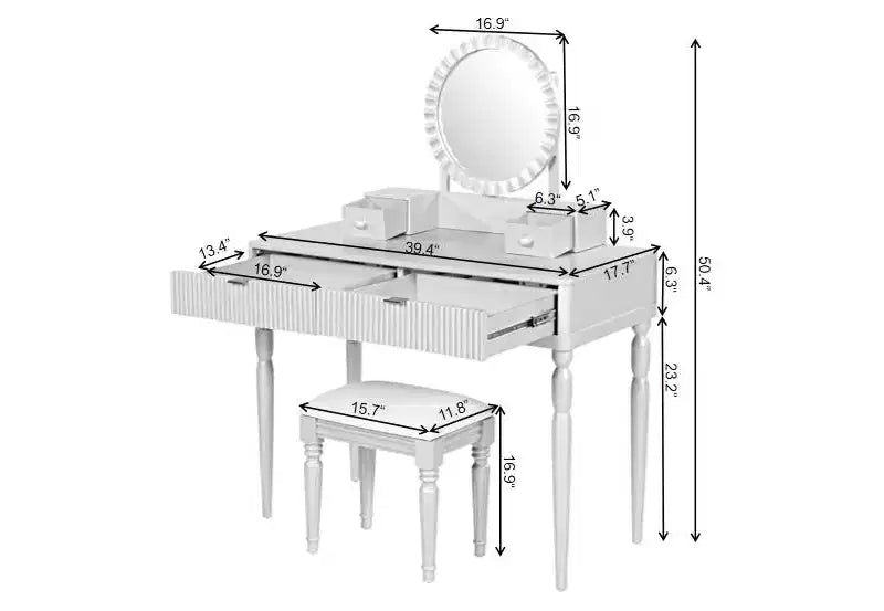 GDFStudio Cara Retro Vanity Desk with Height-Adjustable Round Mirror, Faux Leather Stool and 4 Drawers