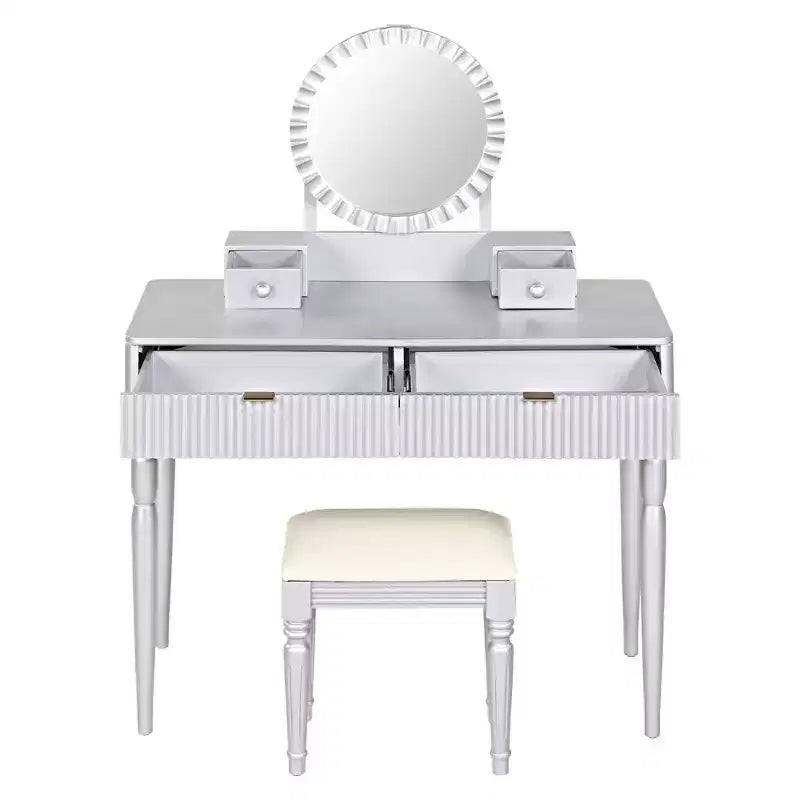 GDFStudio Cara Retro Vanity Desk with Height-Adjustable Round Mirror, Faux Leather Stool and 4 Drawers
