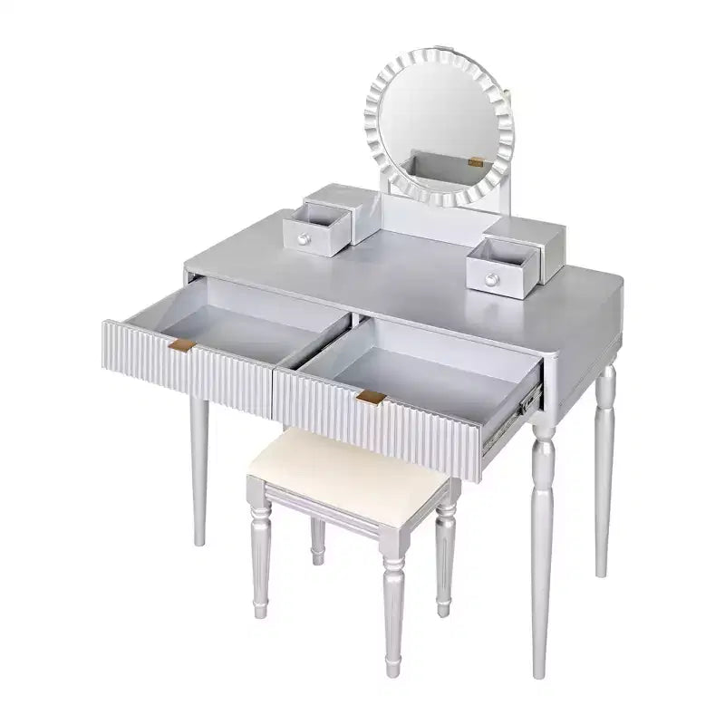 GDFStudio Cara Retro Vanity Desk with Height-Adjustable Round Mirror, Faux Leather Stool and 4 Drawers