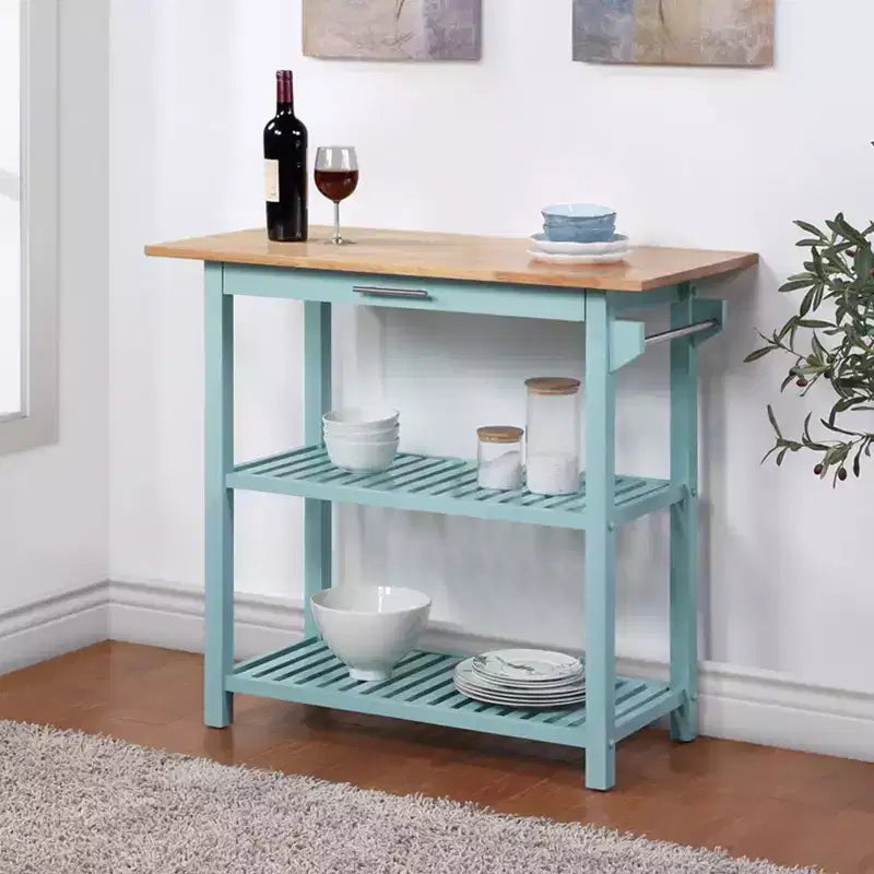 Breighton Home Designs2Go 3 Tier Butcher Block Kitchen Prep Island with Drawer in Sea Foam Blue/Butcher Block