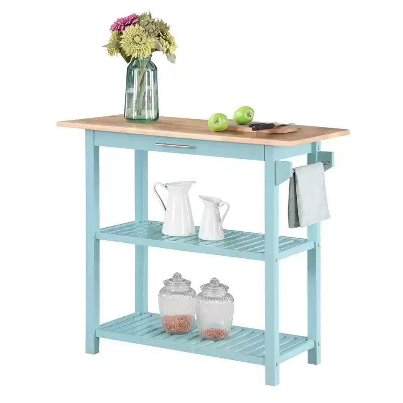 Breighton Home Designs2Go 3 Tier Butcher Block Kitchen Prep Island with Drawer in Sea Foam Blue/Butcher Block
