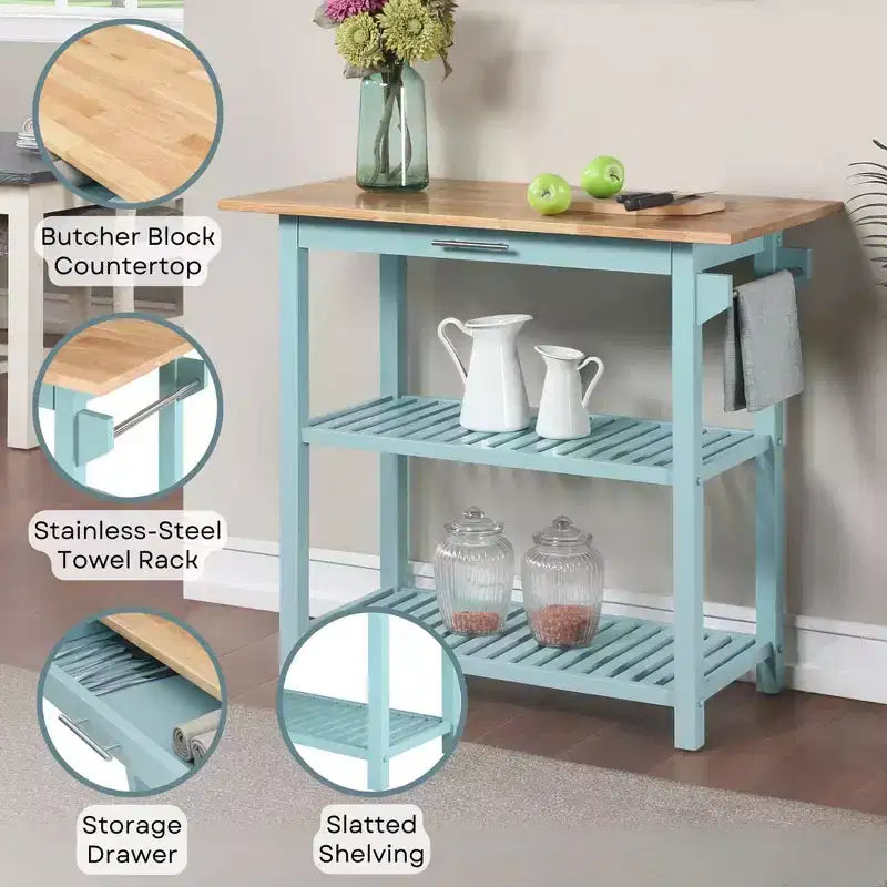 Breighton Home Designs2Go 3 Tier Butcher Block Kitchen Prep Island with Drawer in Sea Foam Blue/Butcher Block