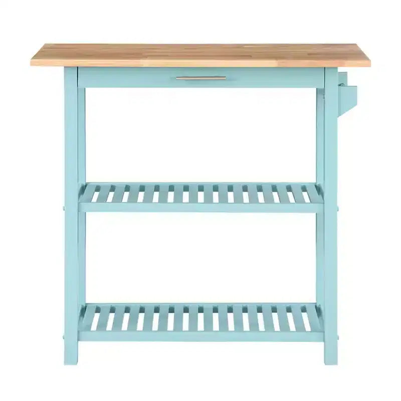 Breighton Home Designs2Go 3 Tier Butcher Block Kitchen Prep Island with Drawer in Sea Foam Blue/Butcher Block