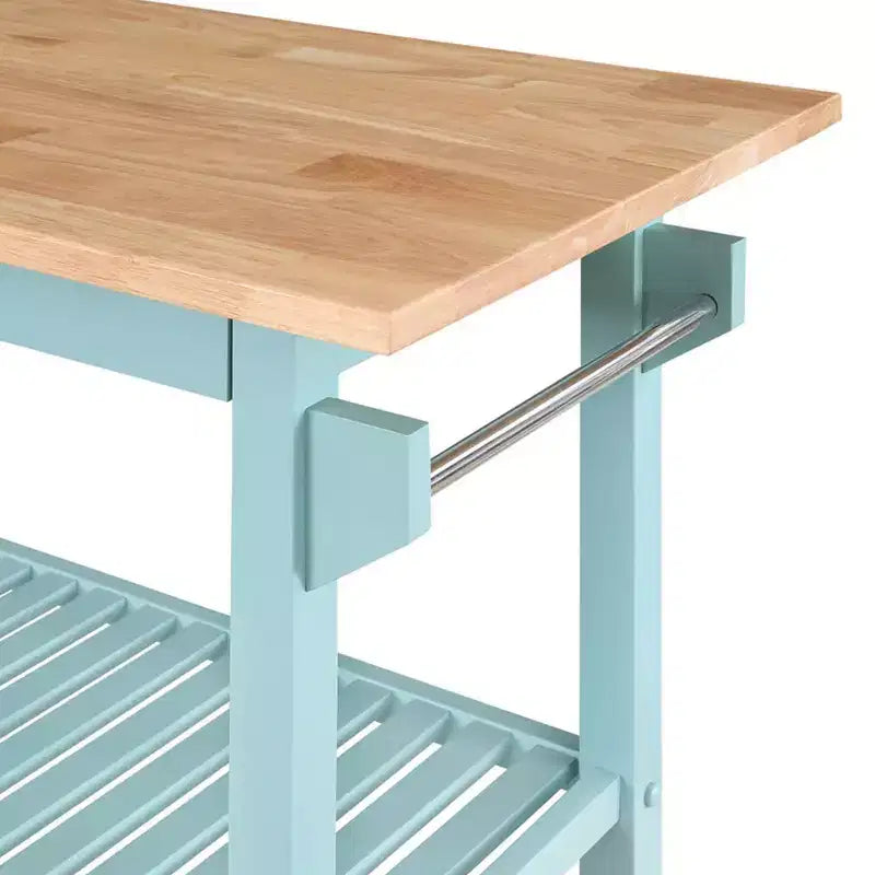 Breighton Home Designs2Go 3 Tier Butcher Block Kitchen Prep Island with Drawer in Sea Foam Blue/Butcher Block
