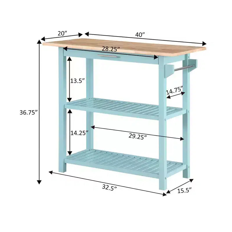Breighton Home Designs2Go 3 Tier Butcher Block Kitchen Prep Island with Drawer in Sea Foam Blue/Butcher Block