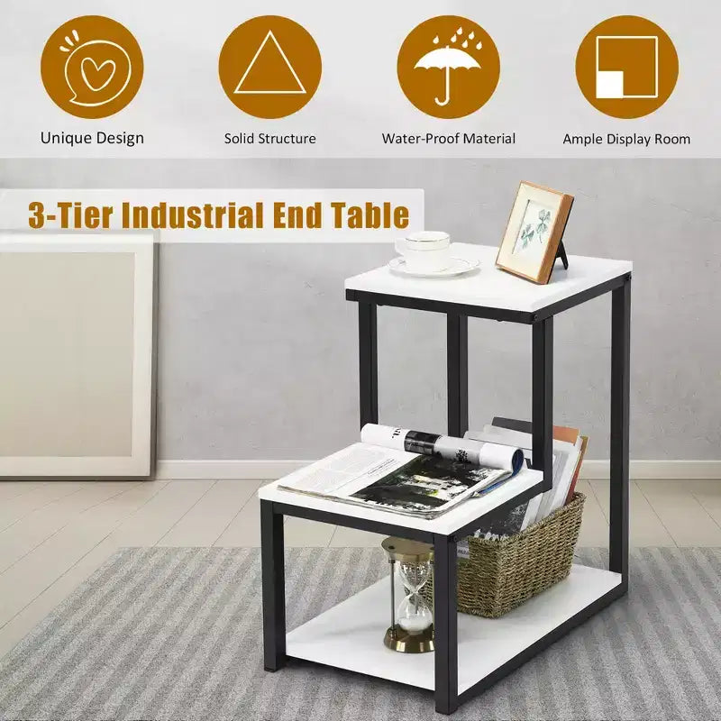 Costway 3-Tier End Table Sofa Side Table Night Stand W/ Shelf for Living Room White
